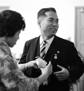 Mrs. Ikeda prepares Ikeda Sensei for his inauguration as third “I was raised by Soka Gakkai president, May 3, 1960.