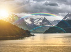 Rainbow in Olderdalen, with view of the Fjords, Norway
