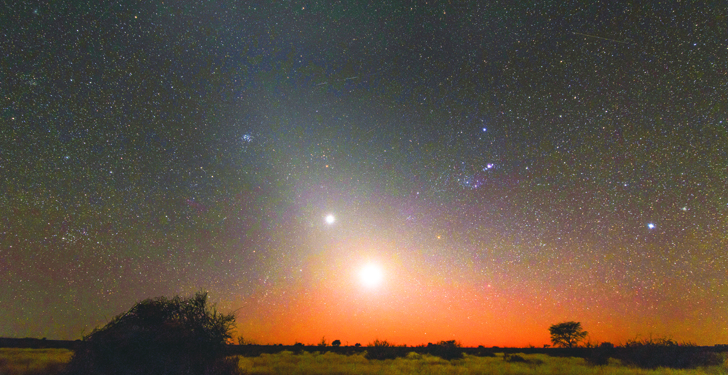 Namibia, Region Khomas, near Uhlenhorst, Astrophoto, RIsing moon and Planet Venus embedded in glowing Zodiacal Light during dawn, constellation Orion upside down