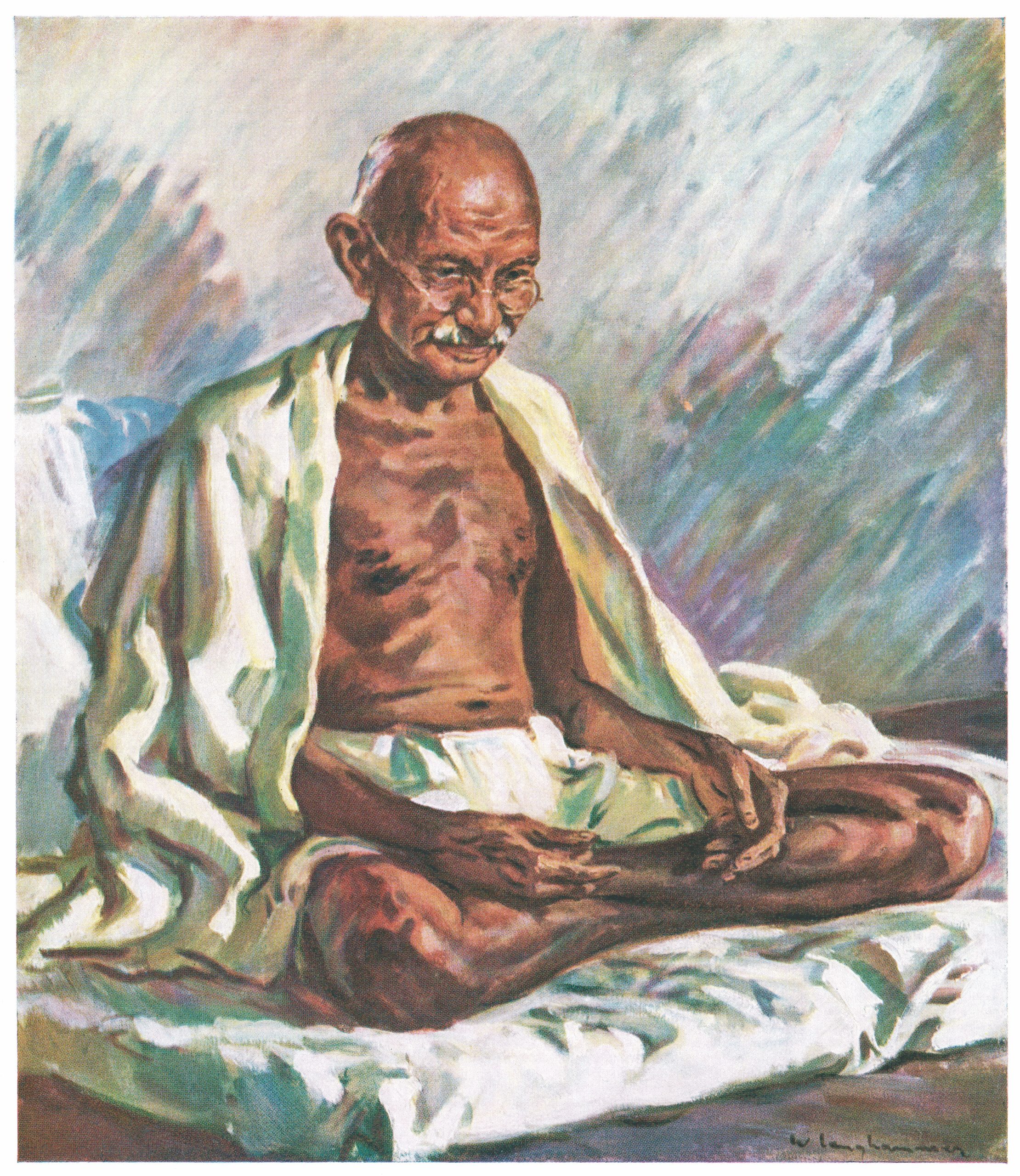 Portrait of Mahatma Gandhi sitting cross-legged, 1947. Screen print. (Illustration by GraphicaArtis/Getty Images)