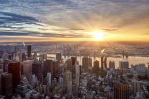 Aerial View over Manhattan with Chrysler Building at sunrise, New York City, New York, United States