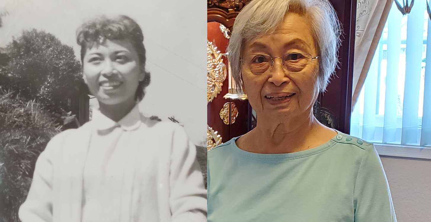 Hiroshima atomic bomb survivor Kiyoko Neumiller in her early 20s (left). (right) At her home in Whidbey Island, Wash.