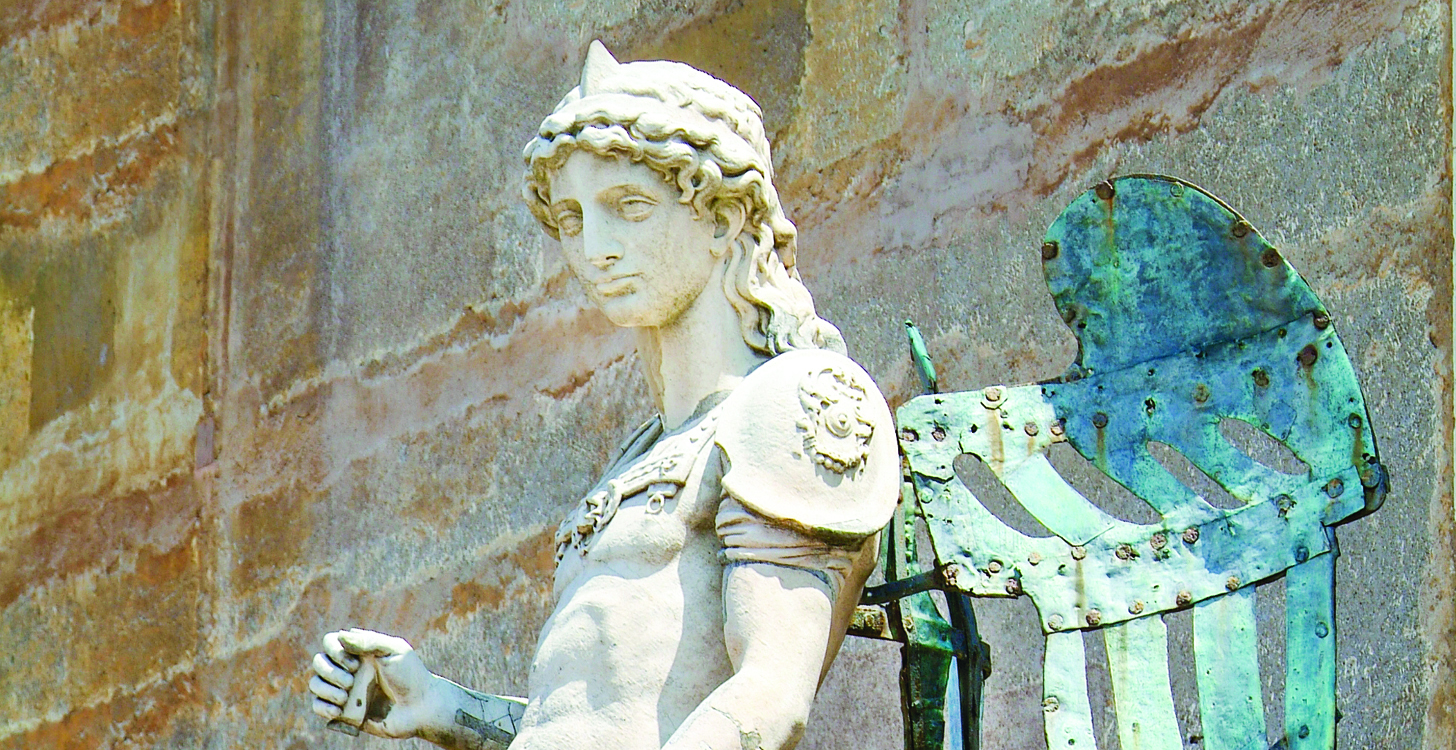 Sculpture of Icarus, the son of Daedalus, the greek mythical figure with wings, who tried to escape imprisonment by flying, but fell into the see and drowned, when the wax on his wings melted as he flew to close to the sun.