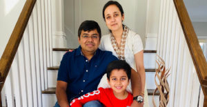 Chintan Parekh with his wife, Keya, and son, Vin, in their New Jersey home, May 2021.