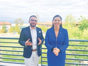 Soka University of America alumni Zane Romano, class of 2009, and Corina Vasquez, class of 2015, serve as the masters of ceremonies for SUA’s virtual celebration, May 2, 2021.
