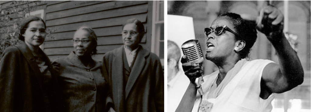 Septima Clark (left photo, center) and Ella Baker (right photo) were among the pioneers of the Black Freedom Movement, the series of protests that began with the Montgomery Bus Boycott. Ms. Clark’s literacy and citizenship workshops played a key role in the drive for voting rights and civil rights. Ms. Baker advanced the cause largely behind the scenes with some of the most notable movement leaders while mentoring emerging activists.