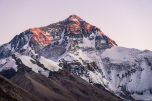 Sunset over the Mt Everest north face from the Rongbuk Monastery, at an altitude of 5200m, in Tibet Autonomous region in China.