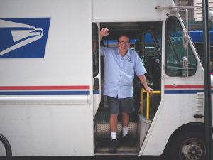 Rainer Zurbano on his mail route in New York, August 2021.