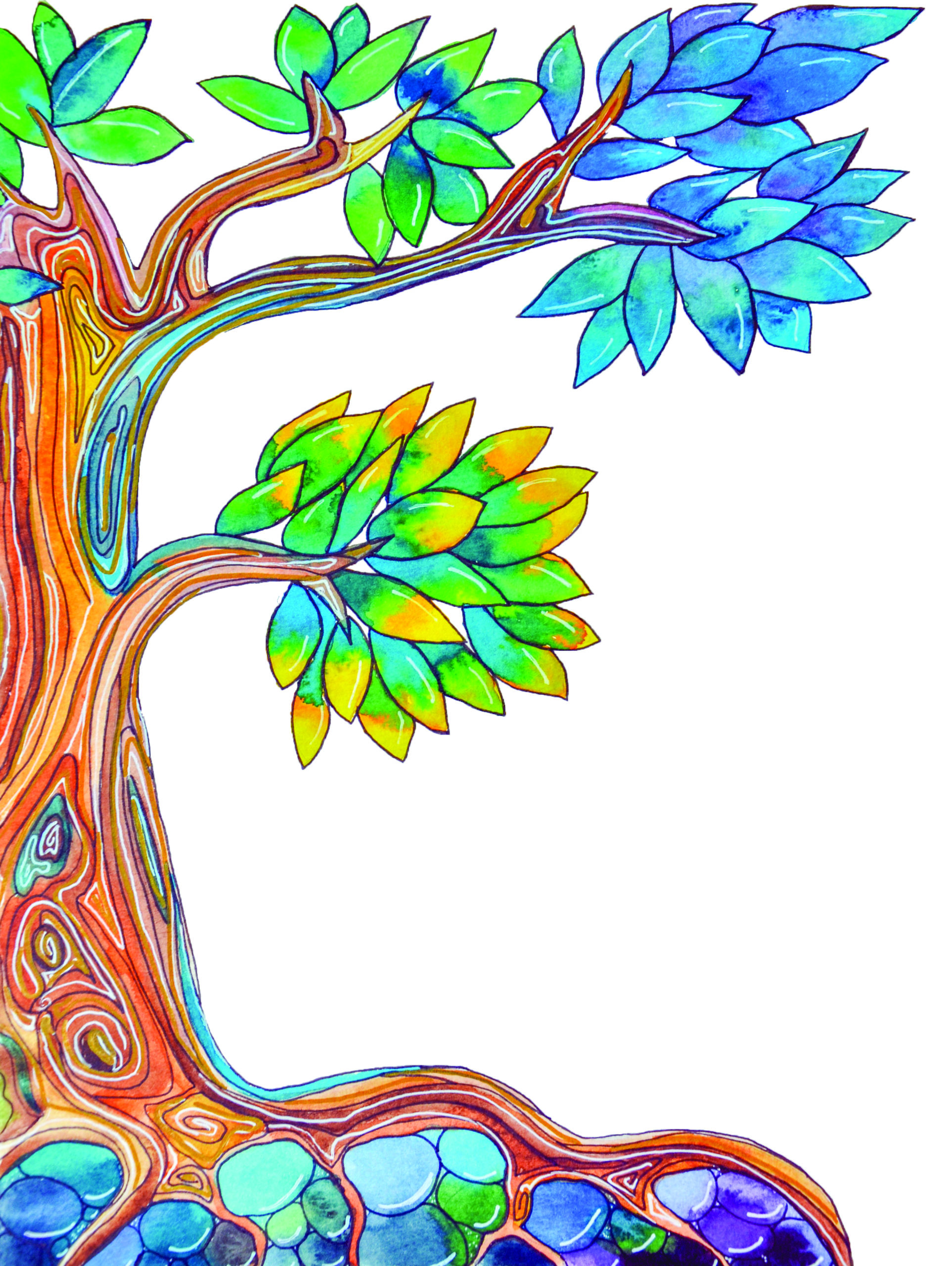 Watercolor drawn illustration of a peaceful tree in beautiful green, blue and yellow tones on white
