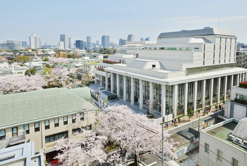Dawn—The Hall of the Great Vow for Kosen-rufu adorned with cherry blossoms in Tokyo, April 1, 2014.