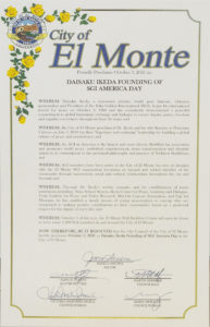 Proclamation from the City of El Monte announcing Oct. 3, 2021 as Daisaku Ikeda Founding of SGI America Day.