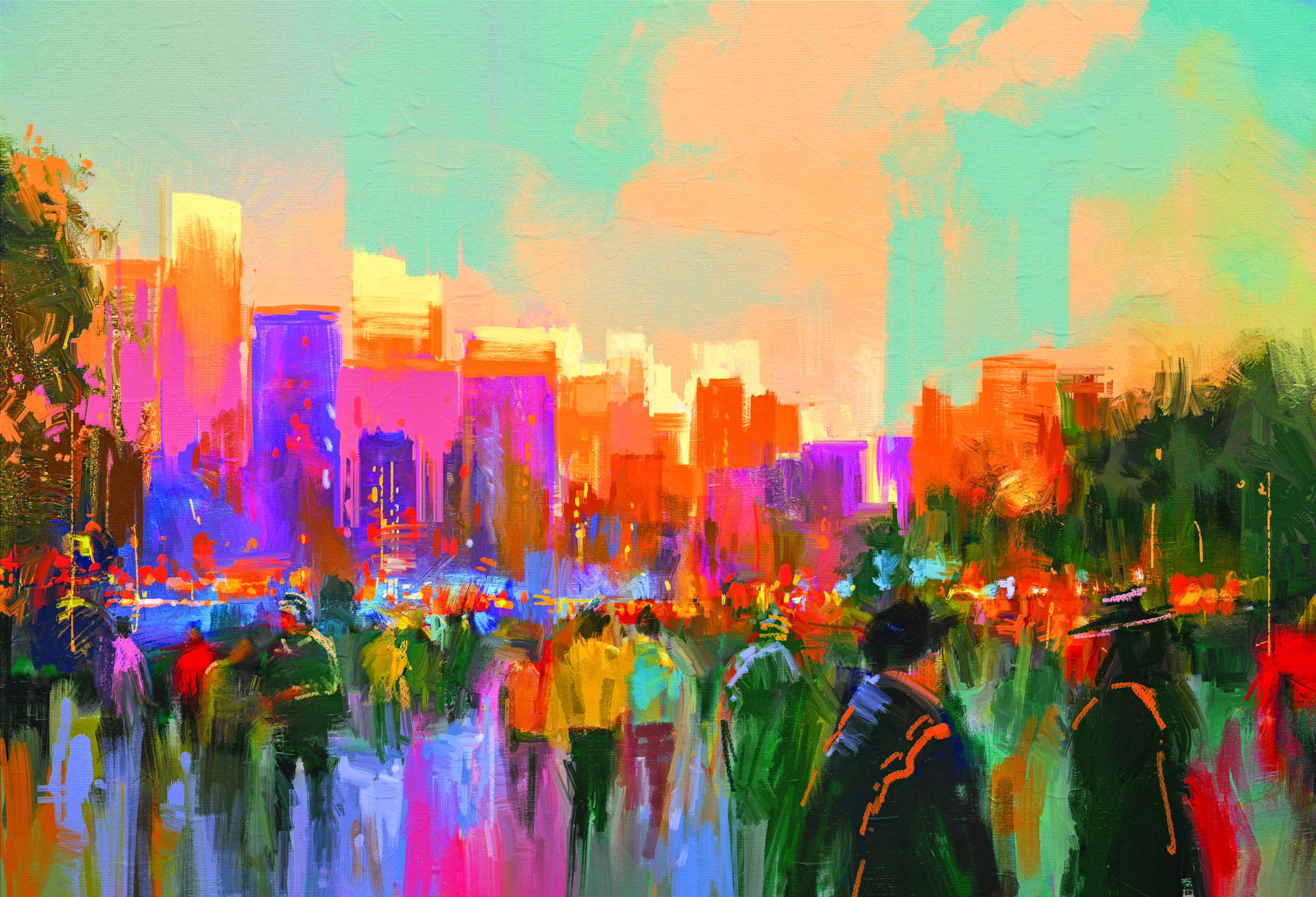 beautiful painting of people in a city park at sunset